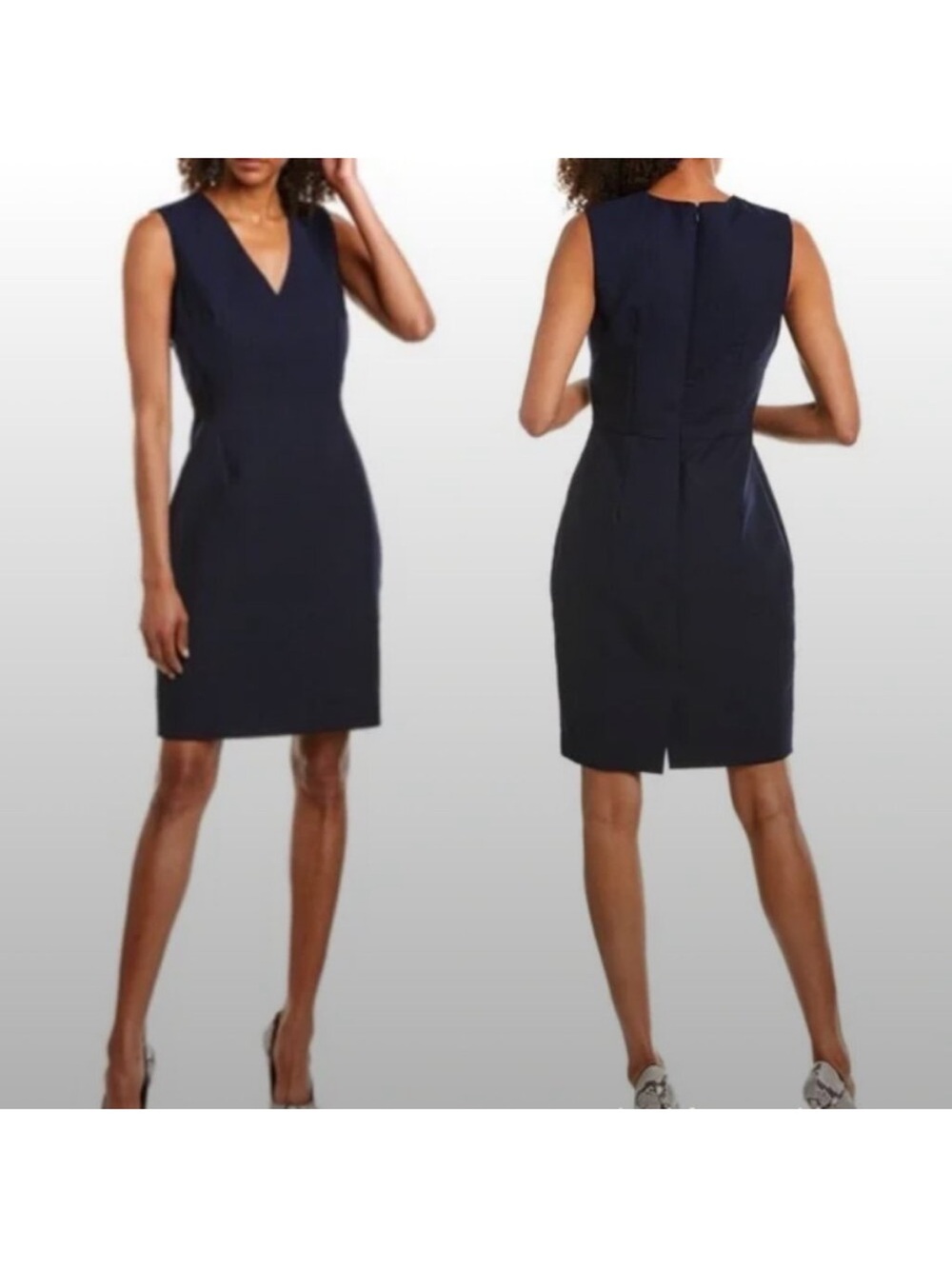 Wool Reiss Navy V-Neck Sheath Dress
